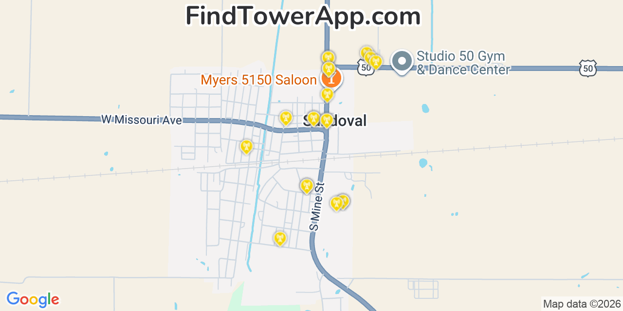 Map showing the 20 primary cell tower locations detected in Sandoval, Illinois from AT&T, Verizon, and T-Mobile networks
