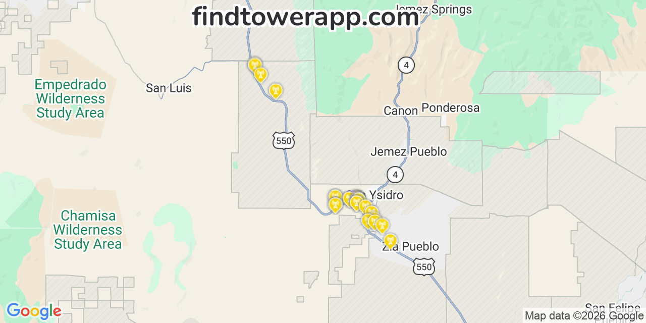 Map showing the 25 primary AT&T cell tower locations detected in Sandoval, New Mexico with coverage radius and signal strength indicators