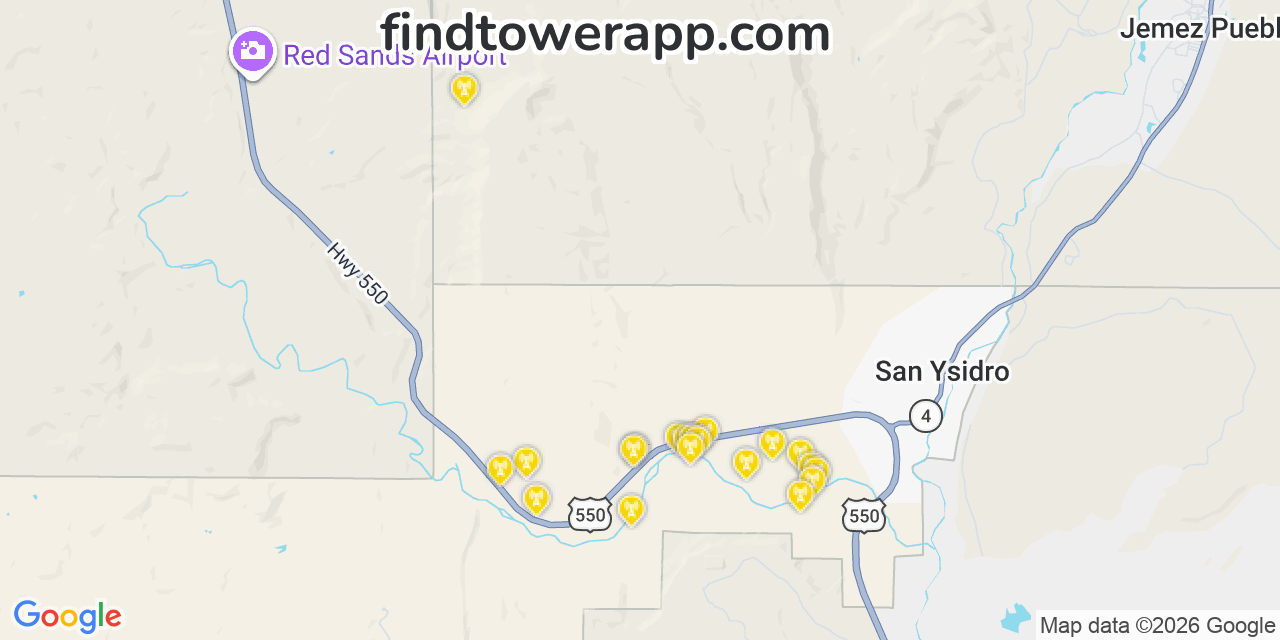 Map showing the 20 primary cell tower locations detected in Sandoval, New Mexico from AT&T, Verizon, and T-Mobile networks