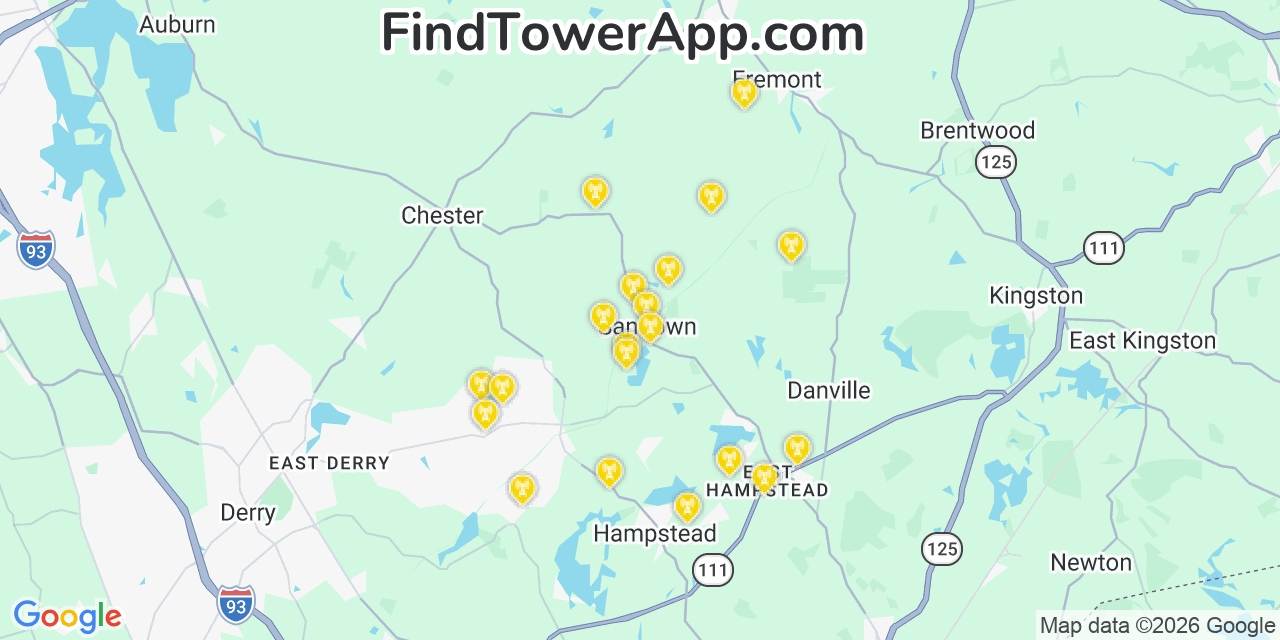 Map showing the 20 primary cell tower locations detected in Sandown, New Hampshire from AT&T, Verizon, and T-Mobile networks