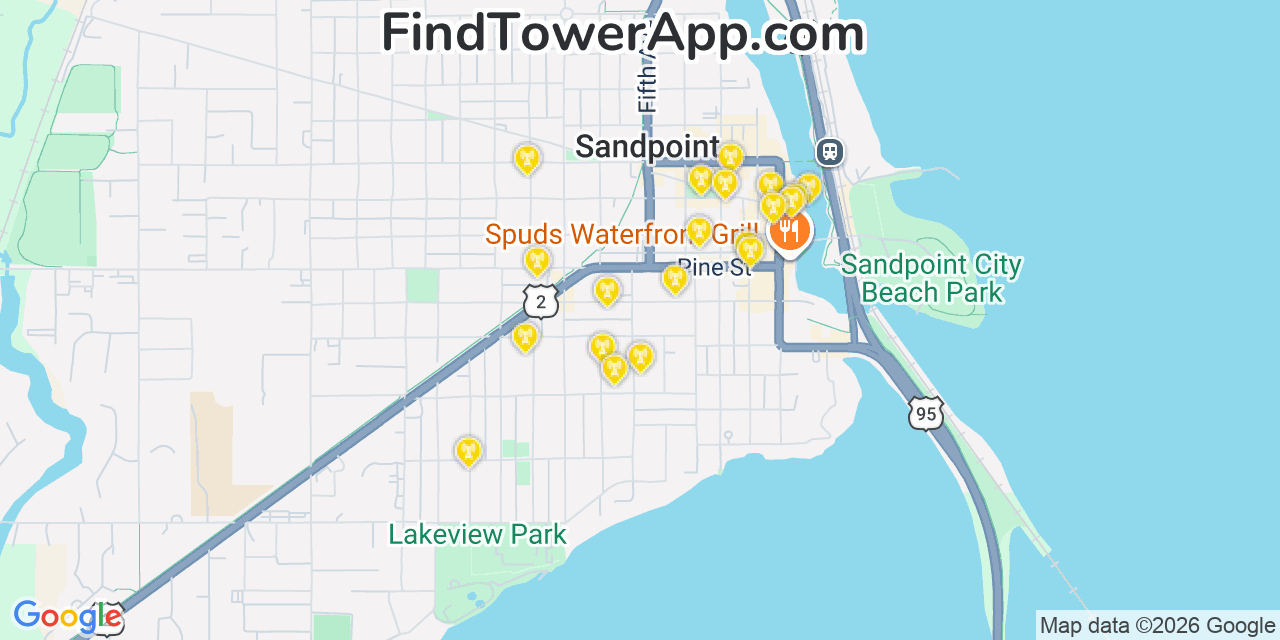 Map showing the 20 primary cell tower locations detected in Sandpoint, Idaho from AT&T, Verizon, and T-Mobile networks