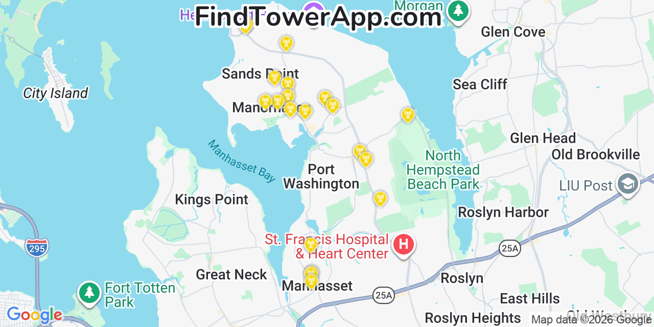 Map showing the 20 primary cell tower locations detected in Sands Point, New York from AT&T, Verizon, and T-Mobile networks