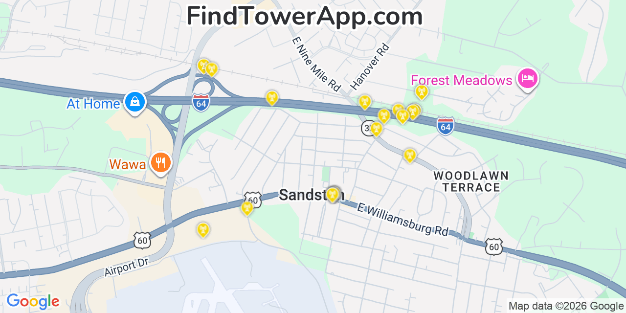 Map showing the 20 primary cell tower locations detected in Sandston, Virginia from AT&T, Verizon, and T-Mobile networks