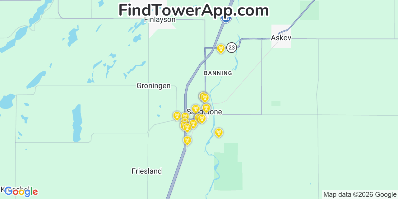 Map showing the 20 primary cell tower locations detected in Sandstone, Minnesota from AT&T, Verizon, and T-Mobile networks