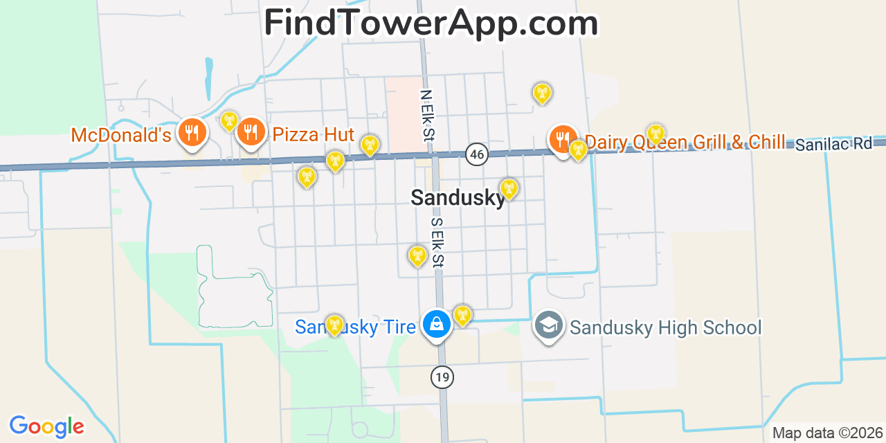 Map showing the 20 primary cell tower locations detected in Sandusky, Michigan from AT&T, Verizon, and T-Mobile networks