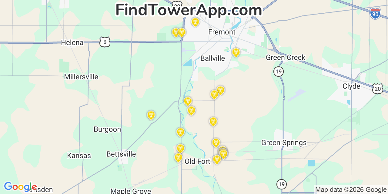 Map showing the 20 primary cell tower locations detected in Sandusky, Ohio from AT&T, Verizon, and T-Mobile networks