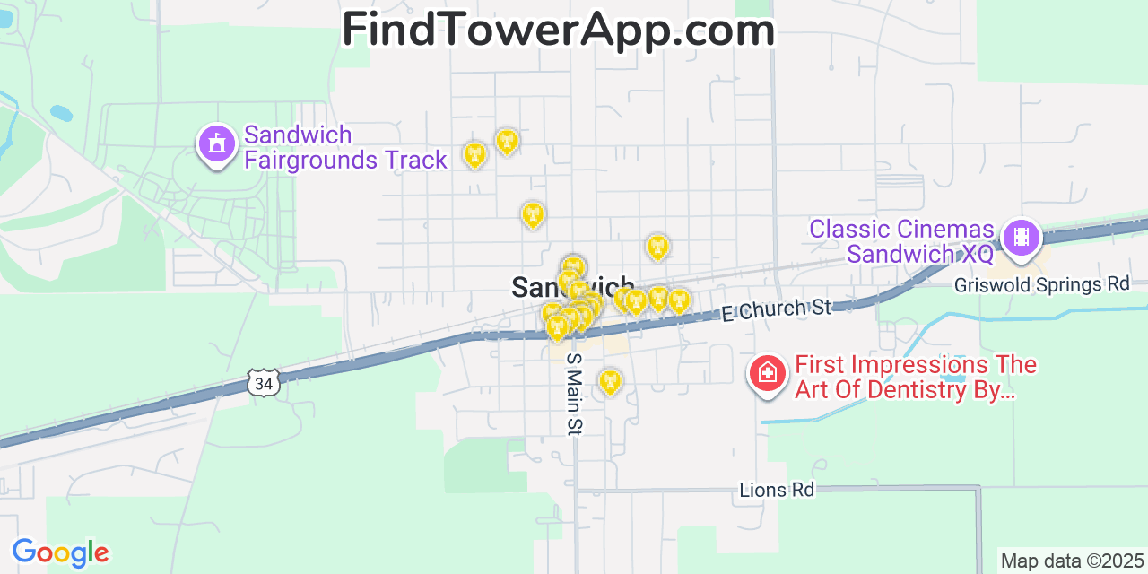 Map showing the 20 primary cell tower locations detected in Sandwich, Illinois from AT&T, Verizon, and T-Mobile networks