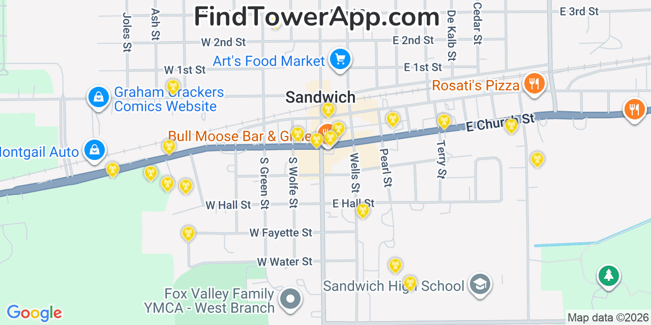 Map showing the 20 primary cell tower locations detected in Sandwich, Illinois from AT&T, Verizon, and T-Mobile networks