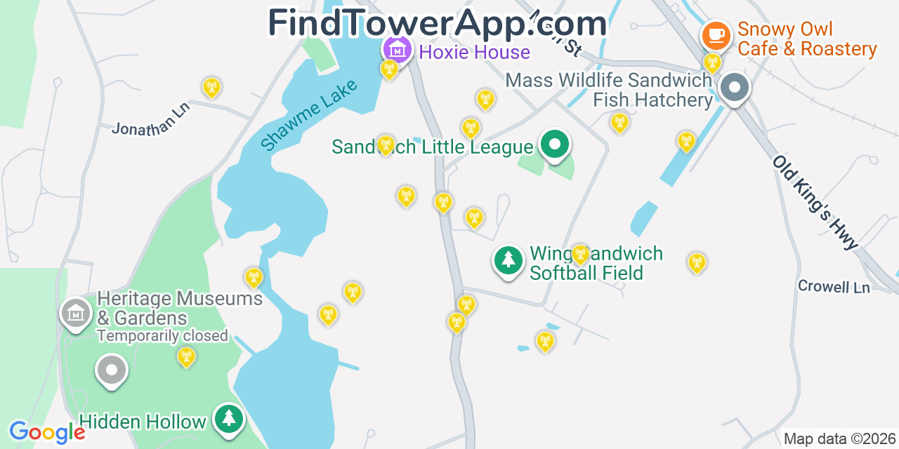 Map showing the 20 primary cell tower locations detected in Sandwich, Massachusetts from AT&T, Verizon, and T-Mobile networks