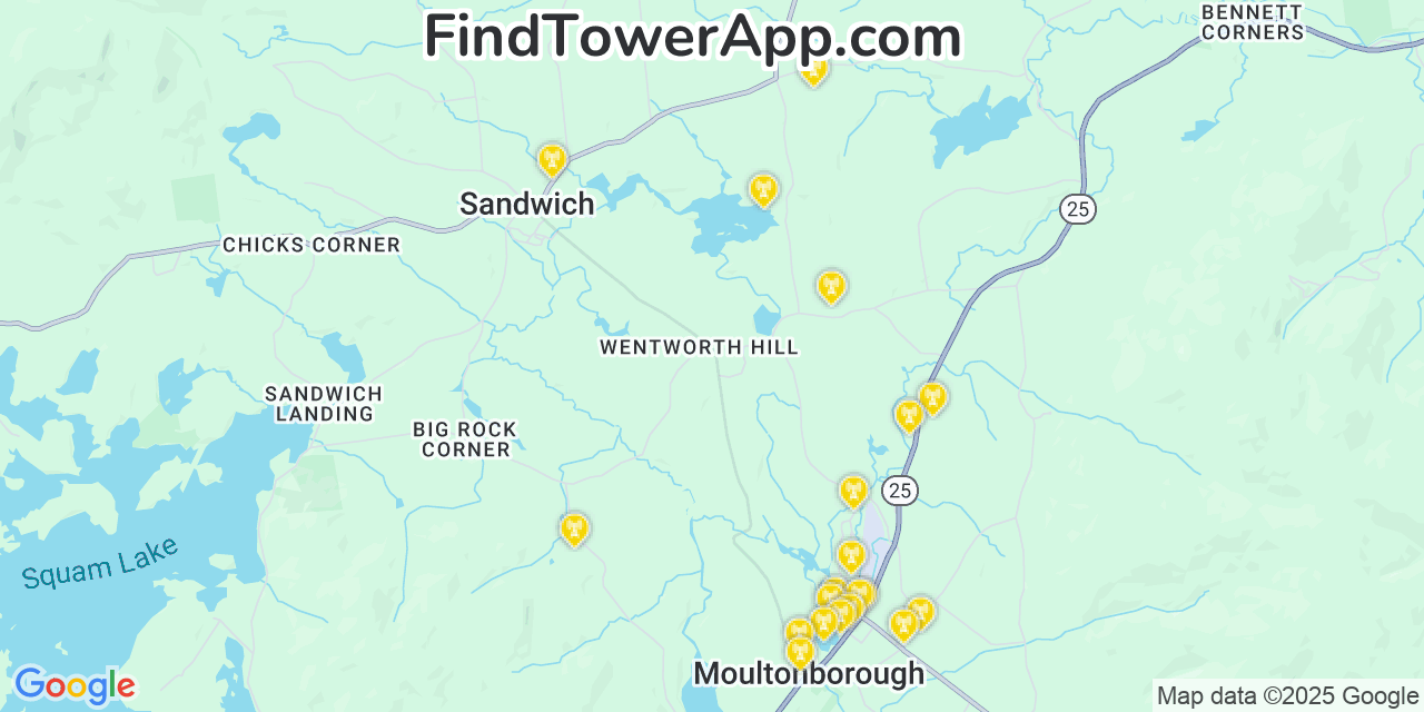 Map showing the 20 primary cell tower locations detected in Sandwich, New Hampshire from AT&T, Verizon, and T-Mobile networks