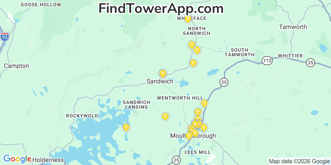 Map showing the 20 primary cell tower locations detected in Sandwich, New Hampshire from AT&T, Verizon, and T-Mobile networks