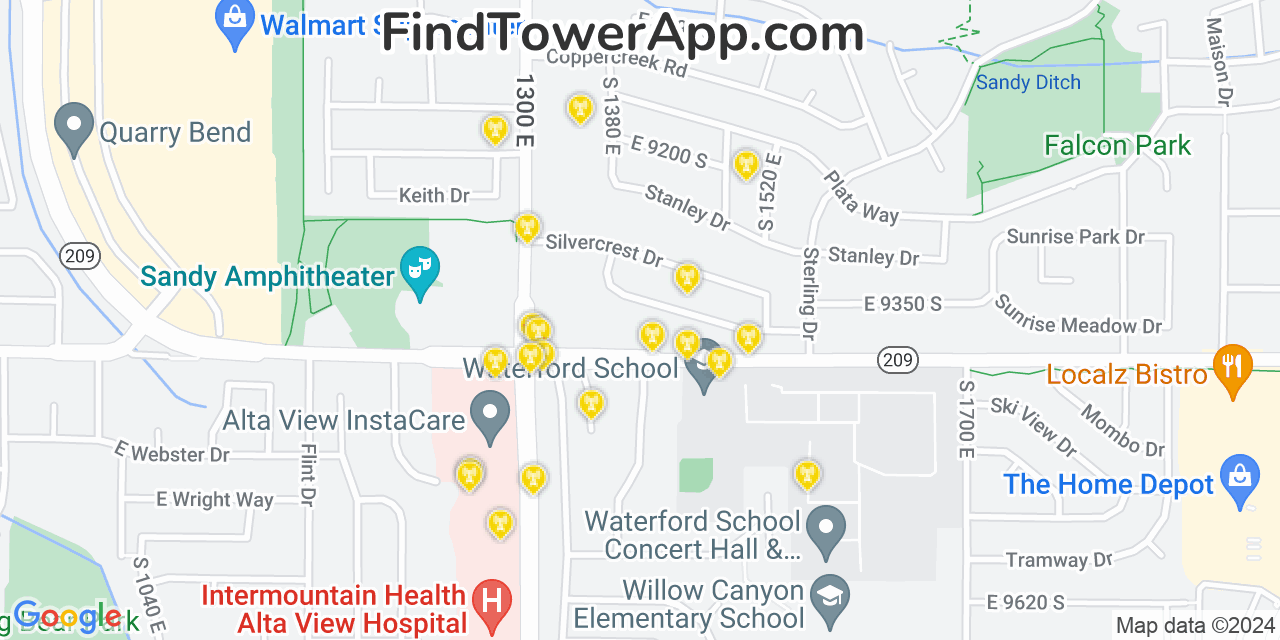 AT&T 4G/5G cell tower coverage map Sandy Hills, Utah