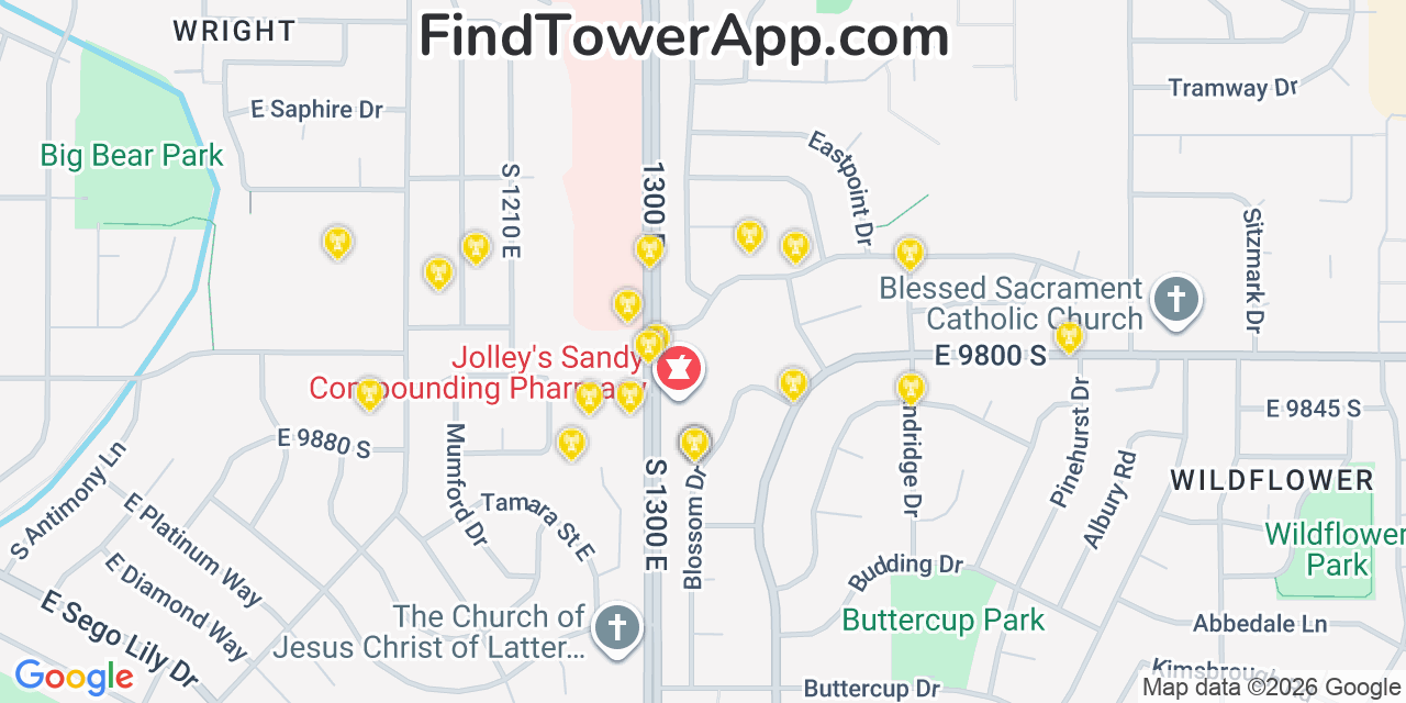 Map showing the 20 primary cell tower locations detected in Sandy Hills, Utah from AT&T, Verizon, and T-Mobile networks