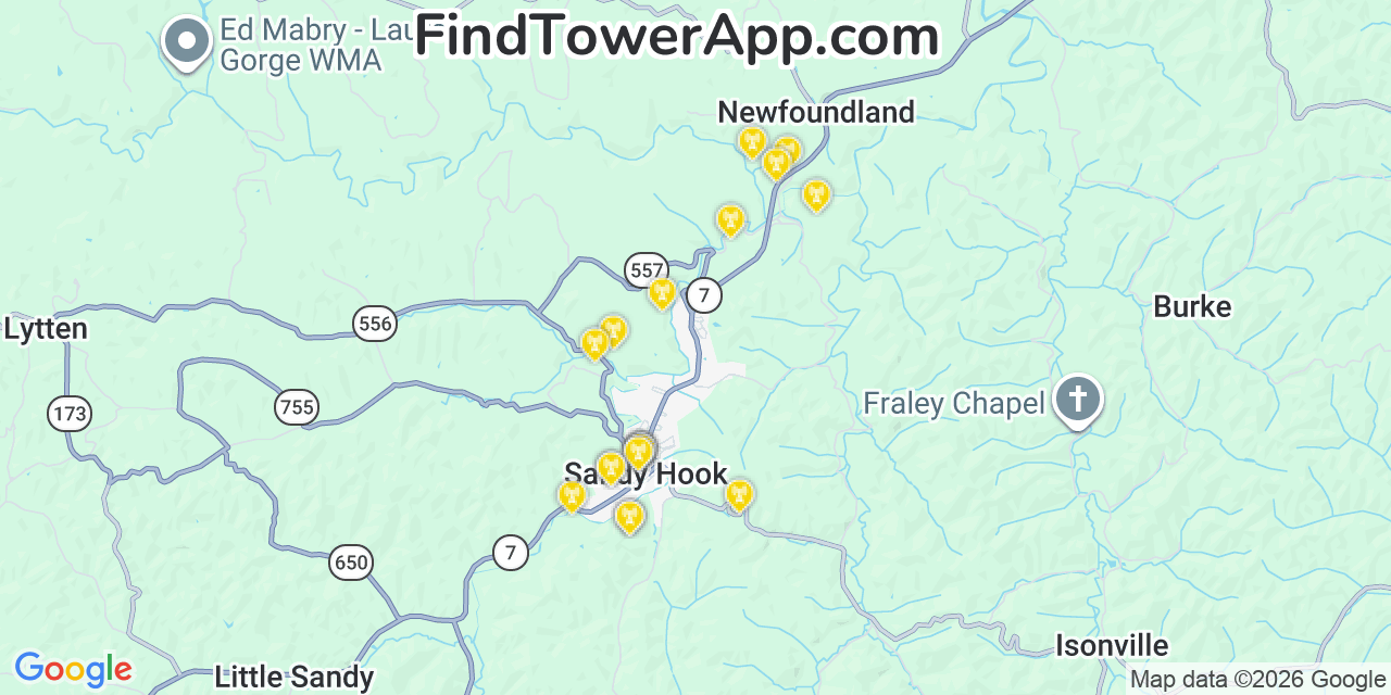 Map showing the 20 primary cell tower locations detected in Sandy Hook, Kentucky from AT&T, Verizon, and T-Mobile networks