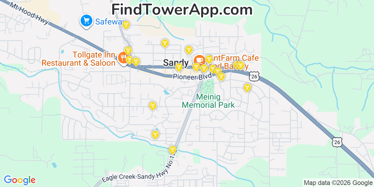 Map showing the 20 primary cell tower locations detected in Sandy, Oregon from AT&T, Verizon, and T-Mobile networks