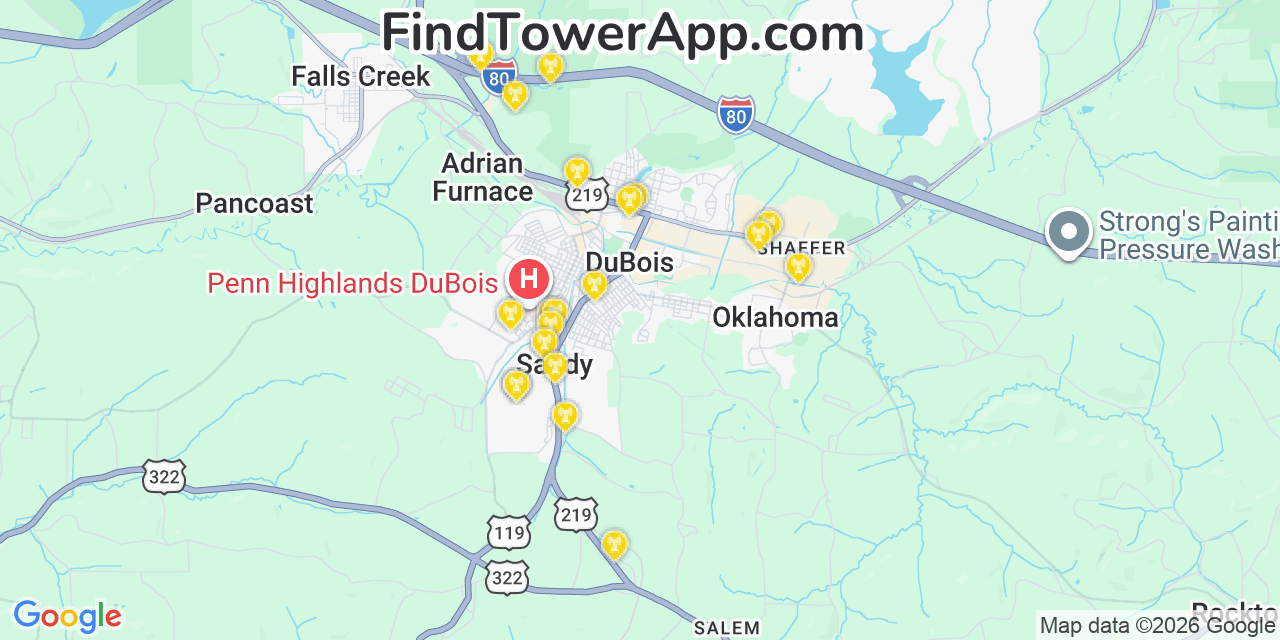 Map showing the 20 primary cell tower locations detected in Sandy, Pennsylvania from AT&T, Verizon, and T-Mobile networks