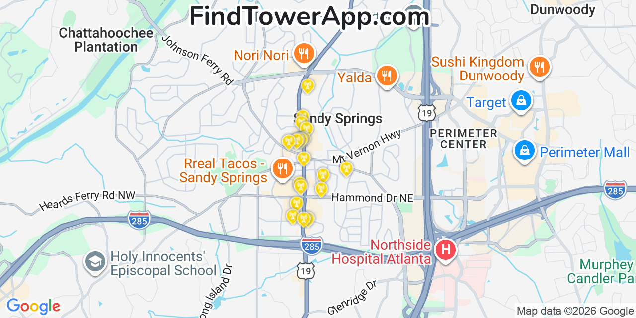 Map showing the 20 primary cell tower locations detected in Sandy Springs, Georgia from AT&T, Verizon, and T-Mobile networks
