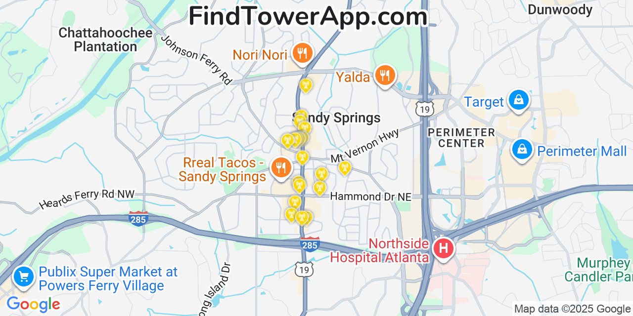 Map showing the 20 primary Mobitel cell tower locations detected in Sandy Springs, Georgia with coverage radius and signal strength indicators