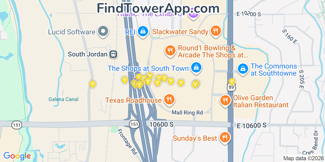 Map showing the 20 primary cell tower locations detected in Sandy, Utah from AT&T, Verizon, and T-Mobile networks