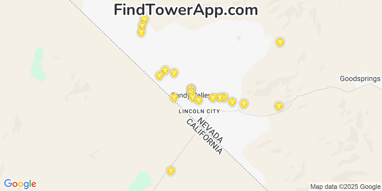 Map showing the 20 primary cell tower locations detected in Sandy Valley, Nevada from AT&T, Verizon, and T-Mobile networks