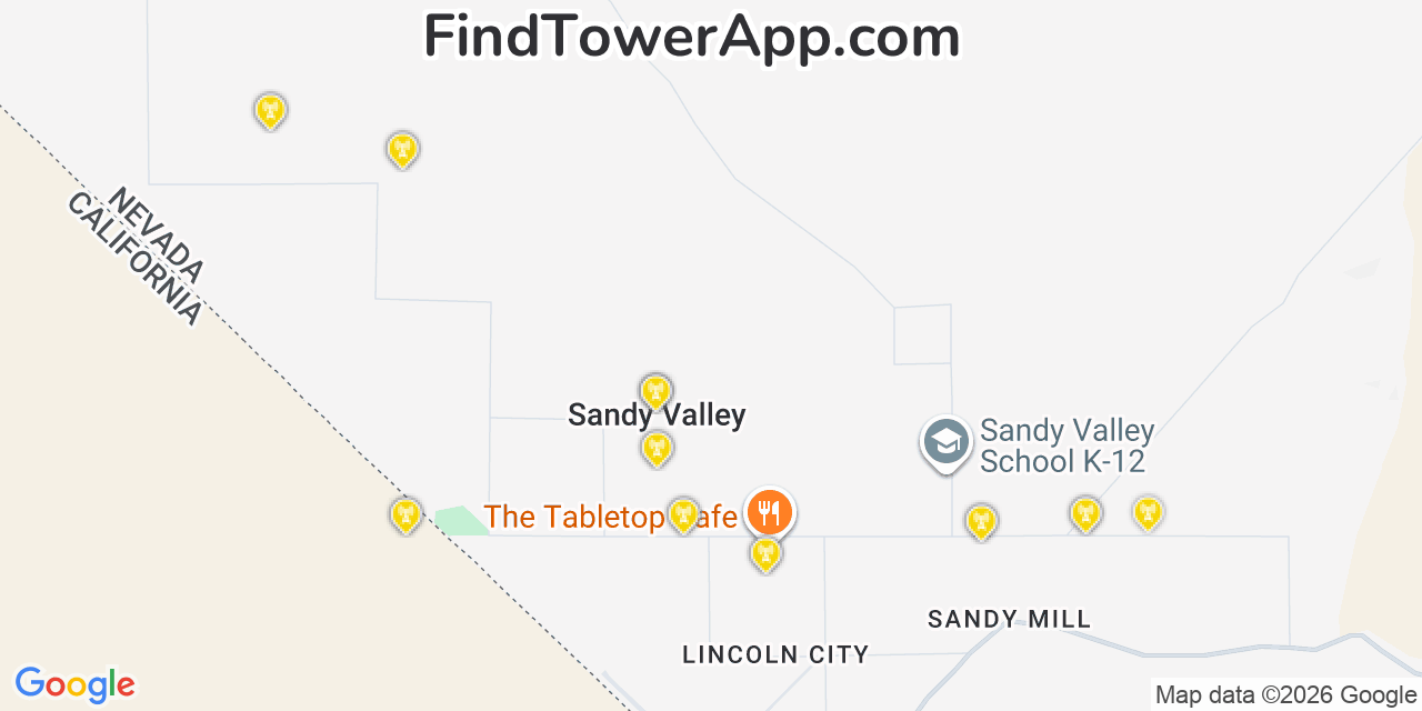 Map showing the 20 primary cell tower locations detected in Sandy Valley, Nevada from AT&T, Verizon, and T-Mobile networks