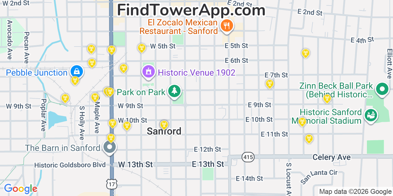 Map showing the 20 primary cell tower locations detected in Sanford, Florida from AT&T, Verizon, and T-Mobile networks