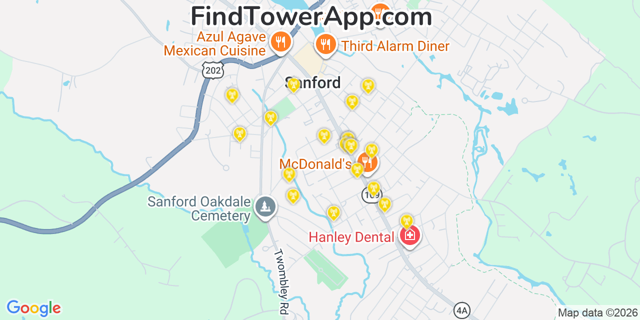 Map showing the 20 primary cell tower locations detected in Sanford, Maine from AT&T, Verizon, and T-Mobile networks