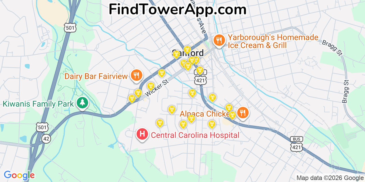 Map showing the 20 primary cell tower locations detected in Sanford, North Carolina from AT&T, Verizon, and T-Mobile networks