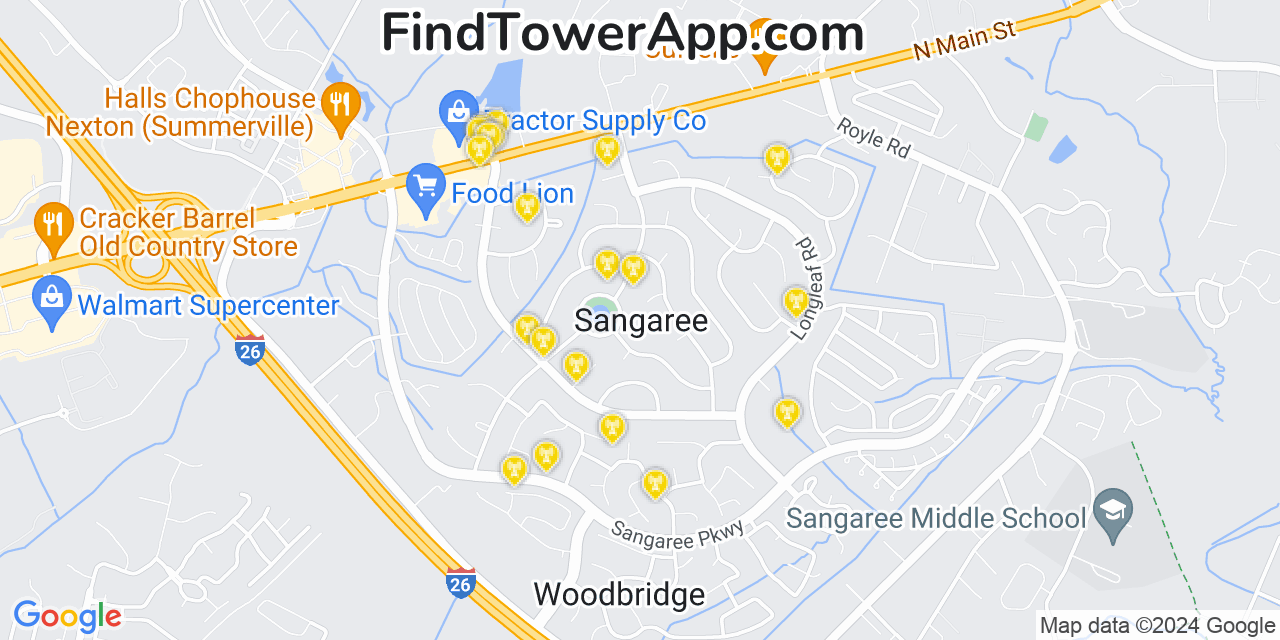 AT&T 4G/5G cell tower coverage map Sangaree, South Carolina