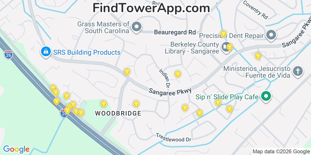 Map showing the 20 primary cell tower locations detected in Sangaree, South Carolina from AT&T, Verizon, and T-Mobile networks