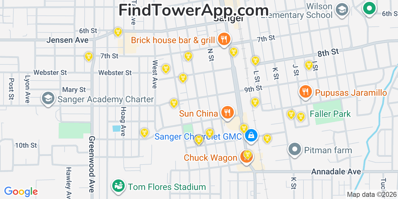 Map showing the 20 primary cell tower locations detected in Sanger, California from AT&T, Verizon, and T-Mobile networks