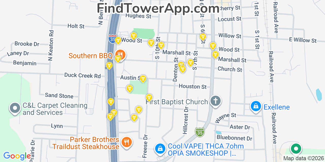 Map showing the 20 primary cell tower locations detected in Sanger, Texas from AT&T, Verizon, and T-Mobile networks