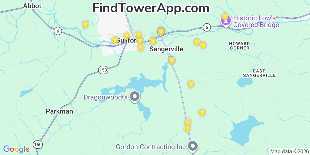 Map showing the 20 primary cell tower locations detected in Sangerville, Maine from AT&T, Verizon, and T-Mobile networks