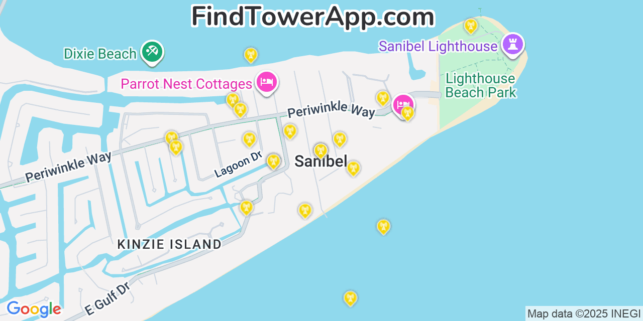 Map showing the 20 primary cell tower locations detected in Sanibel, Florida from AT&T, Verizon, and T-Mobile networks