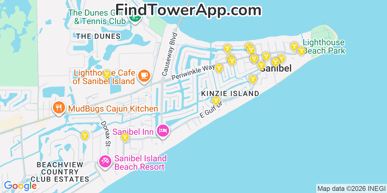Map showing the 20 primary cell tower locations detected in Sanibel, Florida from AT&T, Verizon, and T-Mobile networks