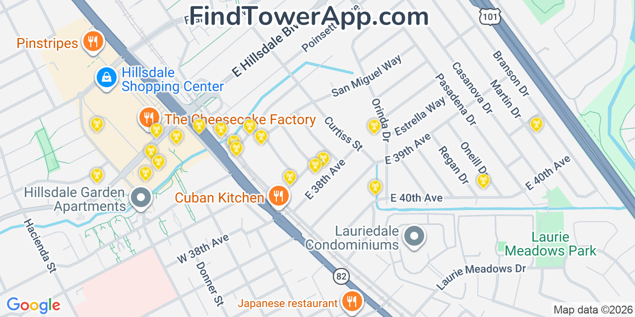 Map showing the 20 primary AT&T cell tower locations detected in Sanmateo, California with coverage radius and signal strength indicators