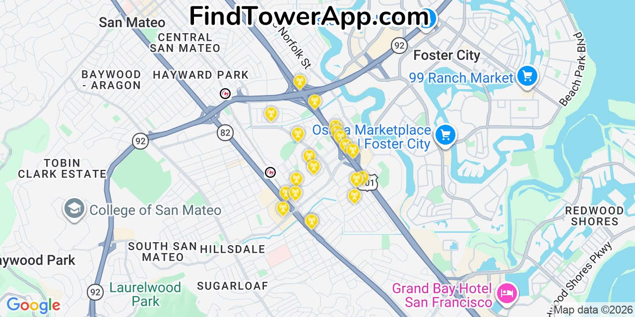 Map showing the 20 primary cell tower locations detected in Sanmateo, California from AT&T, Verizon, and T-Mobile networks