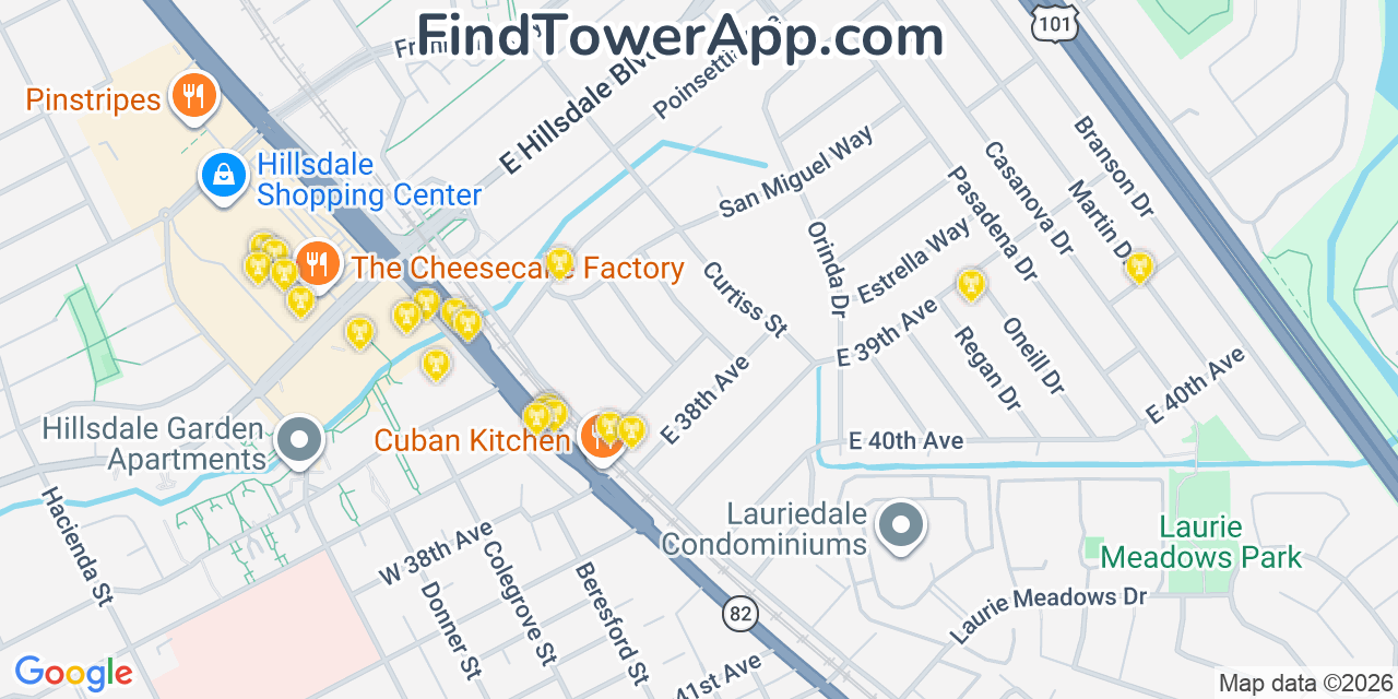 Map showing the 20 primary T-Mobile cell tower locations detected in Sanmateo, California with coverage radius and signal strength indicators