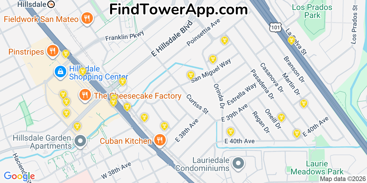 Map showing the 20 primary Verizon cell tower locations detected in Sanmateo, California with coverage radius and signal strength indicators