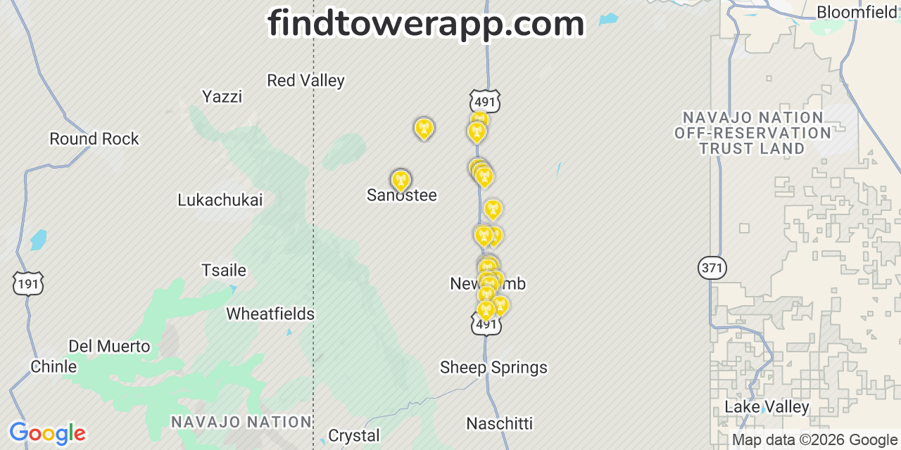 Map showing the 30 primary AT&T cell tower locations detected in Sanostee, New Mexico with coverage radius and signal strength indicators