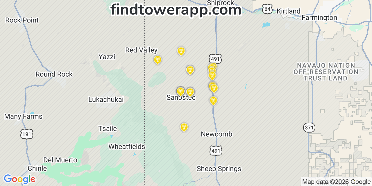Map showing the 20 primary cell tower locations detected in Sanostee, New Mexico from AT&T, Verizon, and T-Mobile networks