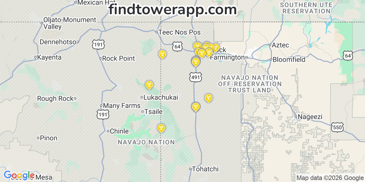 Map showing the 34 primary T-Mobile cell tower locations detected in Sanostee, New Mexico with coverage radius and signal strength indicators