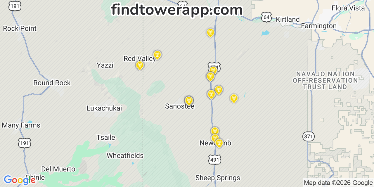 Map showing the 28 primary Verizon cell tower locations detected in Sanostee, New Mexico with coverage radius and signal strength indicators