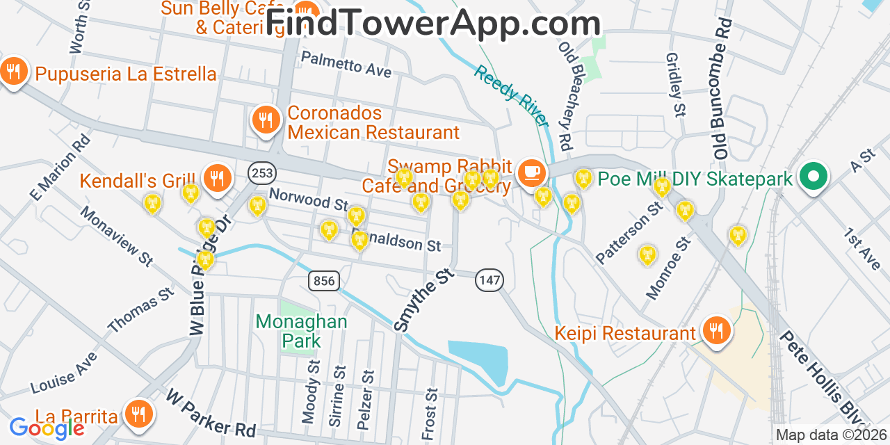 Map showing the 20 primary cell tower locations detected in Sans Souci, South Carolina from AT&T, Verizon, and T-Mobile networks