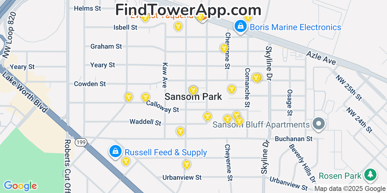 Map showing the 20 primary cell tower locations detected in Sansom Park, Texas from AT&T, Verizon, and T-Mobile networks
