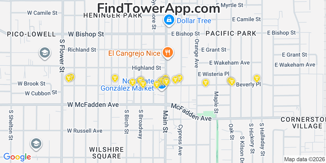 Map showing the 20 primary cell tower locations detected in Santa Ana, California from AT&T, Verizon, and T-Mobile networks
