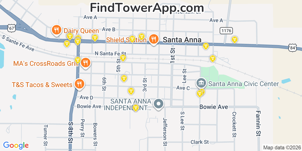 Map showing the 20 primary cell tower locations detected in Santa Anna, Texas from AT&T, Verizon, and T-Mobile networks