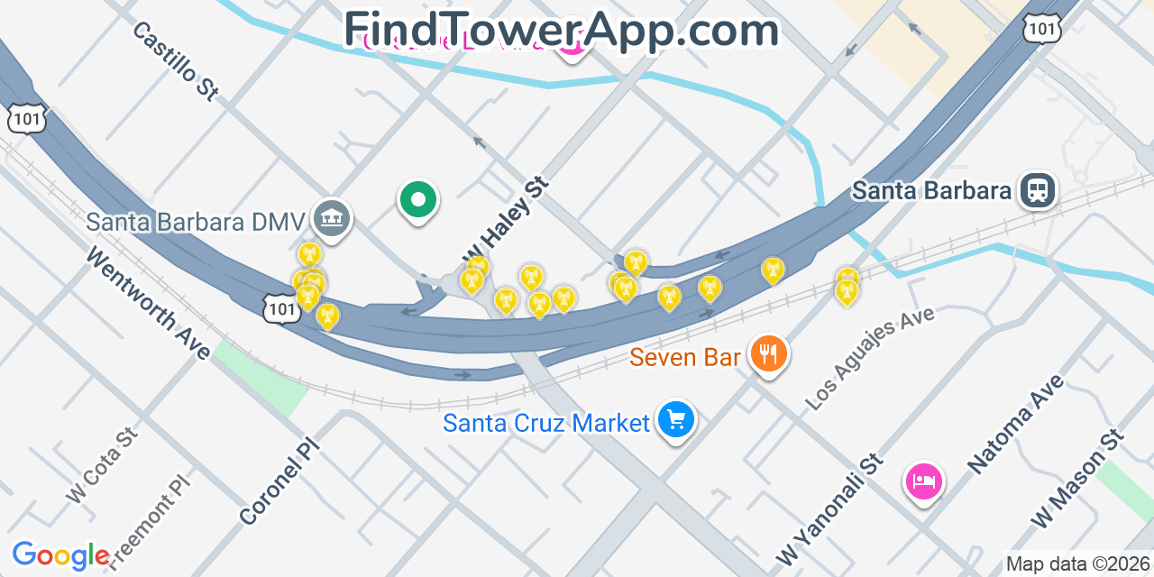 Map showing the 20 primary cell tower locations detected in Santa Barbara, California from AT&T, Verizon, and T-Mobile networks