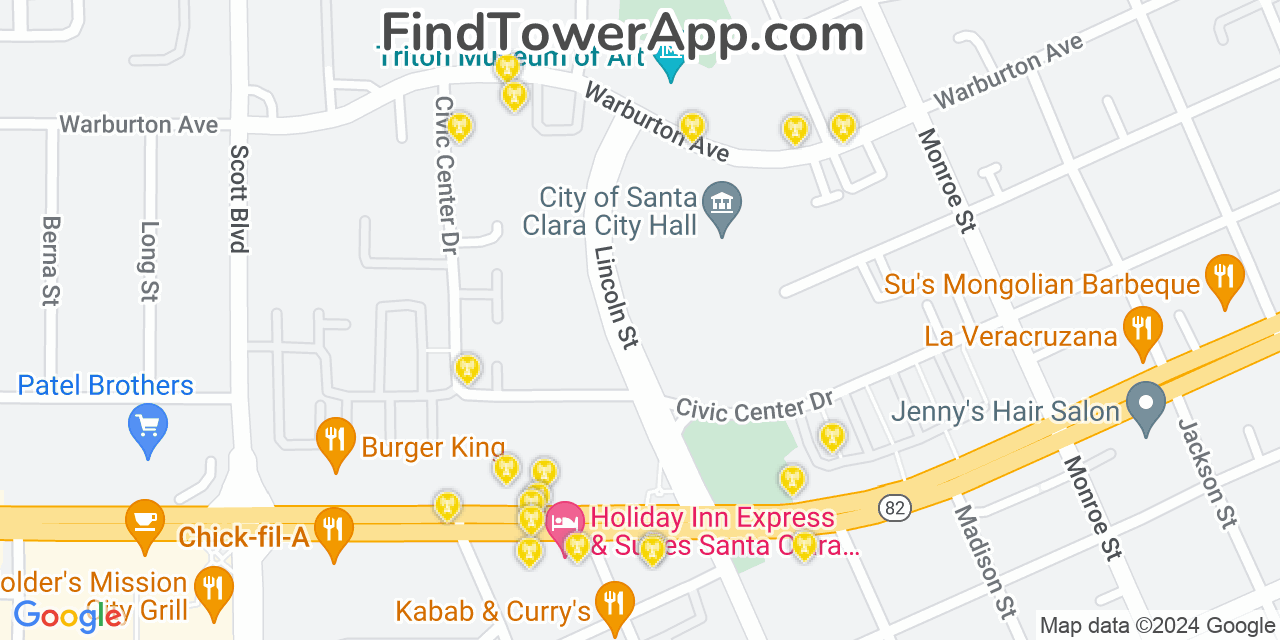 AT&T 4G/5G cell tower coverage map Santa Clara, California