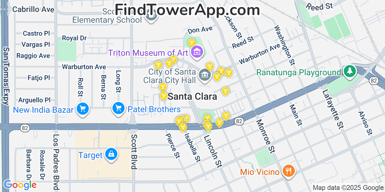 Map showing the 20 primary cell tower locations detected in Santa Clara, California from AT&T, Verizon, and T-Mobile networks